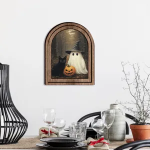 Arte da parete in legno di Halloween, arredamento ad arco gatto nero e fantasma.