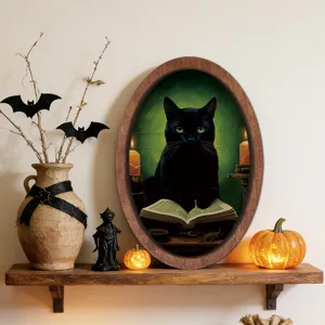 Halloween retro wooden photo frame painting wall decor black cat magic theme wall sticker