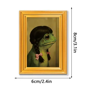 3D wooden photo frame fridge magnet with quirky frog portrait, retro vintage home decor.