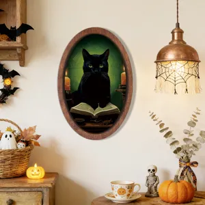 Halloween black cat wooden photo frame painting vintage wall hanging decoration sign