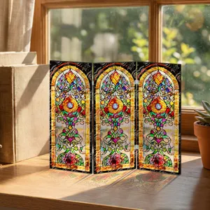 Mini paravent plié en acrylique translucide comme décoration de bureau style vitrail.
