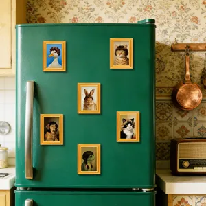 Wooden picture frame fridge magnets with funny animal portraits for home kitchen decor.