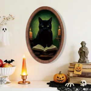 Halloween vintage wooden oval framed wall hanging plaque featuring a mystical black cat decor.