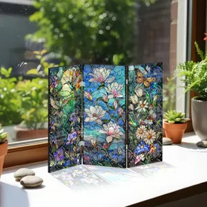 Mini paravent pliant en acrylique translucide style vitrail fleurs décoration de table.
