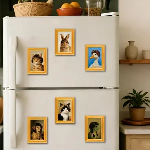 Detailed view of quirky 3D wooden picture frame fridge magnets with funny animal portraits.