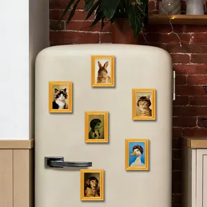 Funny animal photo frame fridge magnets, vintage oil painting style home refrigerator decor.