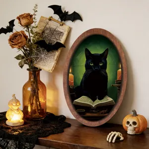 Halloween vintage oval wooden framed wall art black cat spooky holiday home decor wall sticker