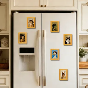 Funny vintage animal portrait wooden fridge magnets detail showcasing creative decor.