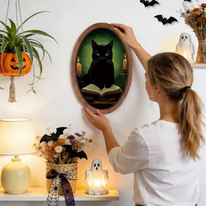 Halloween wooden picture frame detail showing spooky black cat design and vintage wall decor.