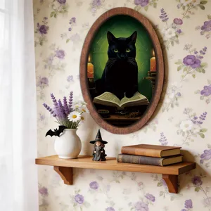 Vintage Halloween oval wooden framed wall art, magical black cat decor for home room.