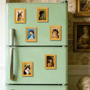 Funny animal fridge magnets with gold wooden frames, vintage kitchen decor, cute home accents.