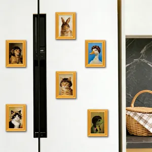 Funny 3D wooden frame fridge magnets, creative animal portraits for kitchen decor.