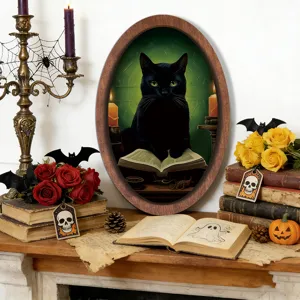 Halloween wooden picture frame with retro black cat reading book design for holiday wall decor.