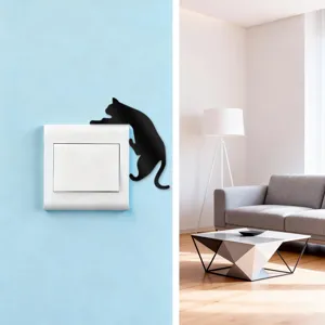 Acrylic cat switch sticker detail showing black silhouette wall decor on blue wall scene.