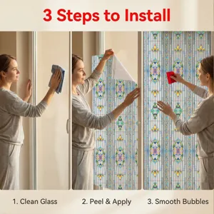 3D embossed stained glass window film static cling floral privacy sticker for home decor.