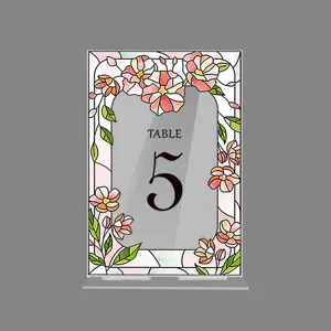 Acrylic wedding table number sign with pink floral stained glass style border, party decor stand.