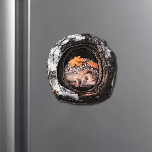 Wooden tree hole hedgehog fridge magnet, cute animal magnetic sticker for home kitchen decor.