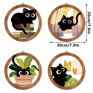 Simpatico gatto nero in legno decorazione murale set, targa stile boho rotonda, arte stanza 20cm.