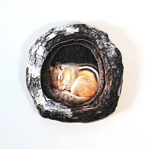Wooden tree hole sleeping chipmunk fridge magnet cute animal home decor magnetic craft ornament.
