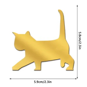 Detail view of golden acrylic cat wall sticker showing exact product dimensions clearly.