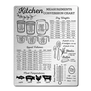 Kitchen conversion chart magnet metal sign for cooking measurements and dry weights guide.