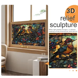 3D Relief Buntglas Fensteraufkleber Vogel Beeren Motiv dekorative Folie Nahaufnahme