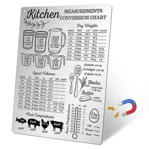 Stainless steel kitchen conversion chart magnet with dry weight and liquid volume data.