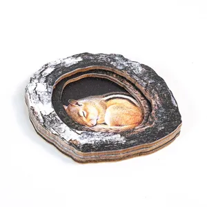 Wooden tree hole sleeping squirrel magnetic fridge sticker home decor cute animal craft detail view
