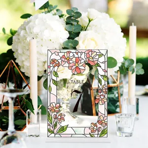 Acrylic table number sign with floral stained glass design for wedding party table decor.