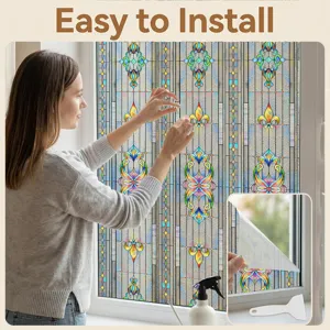 3D embossed stained glass window film, decorative privacy sticker for home window decor.