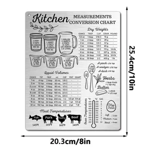 Stainless steel kitchen conversion chart magnet for baking and cooking measurements 8x10 inch