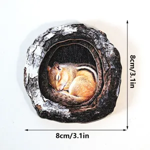 Wooden tree hole squirrel fridge magnet home decor detail closeup cute craft piece