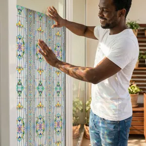 3D embossed stained glass window sticker with colorful flower pattern for home decor.