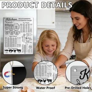 Kitchen measurement conversion chart magnet with pre-drilled holes and strong backing.