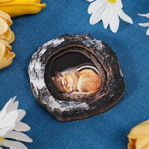 Detailed view of cute wooden chipmunk tree hole fridge magnet lovely animal home decor