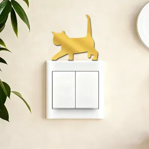 Gold acrylic mirror cat wall switch sticker, cute home decor decal for living room bedroom.