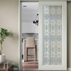 Detail view of a stained glass window film on sliding door, creating a decorative home ambiance.