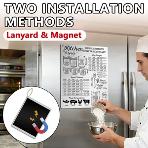 Kitchen conversion chart magnet with dry weight and liquid volume measurement for baking cooking