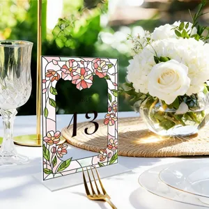 Acrylic table number sign with floral stained glass style border, elegant wedding decor 13