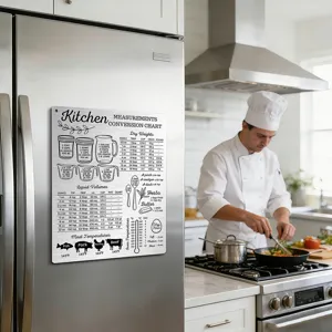 Kitchen conversion chart magnet, metal measurement guide for baking and cooking, fridge sticker.