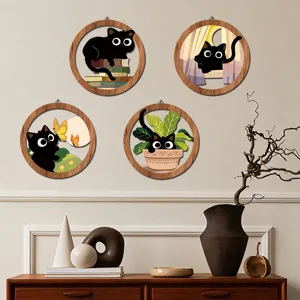 Set d'arte murale in legno boho, simpatica targa rotonda gatto nero per la casa.