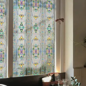 Decorative 3D embossed stained glass window film, static cling floral privacy sticker.