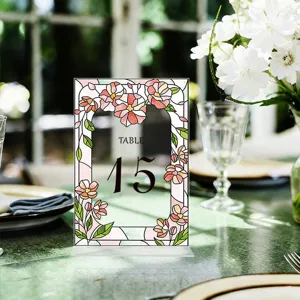 Acrylic table number sign with stained glass floral border for wedding party decor 15