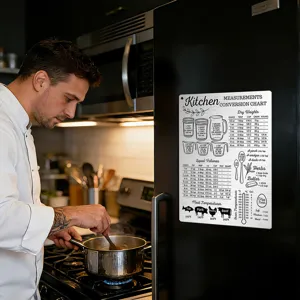 Kitchen measurement conversion chart magnet metal sign for cooking and baking food prep.