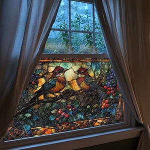 Dekorative 3D Buntglas Fensterfolie mit wunderschönem Vögeln und Beeren Design für Zuhause.