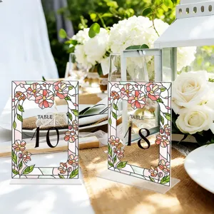 Acrylic table number sign with floral stained glass design for wedding party decor.