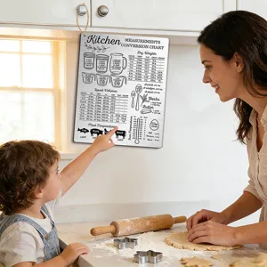Stainless steel kitchen conversion chart magnet for cooking measurements and baking guides.