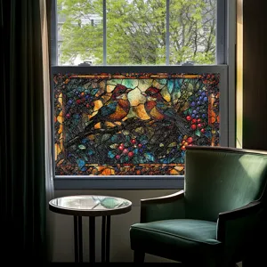 3D Buntglas Fensterfolie, statische haftende Dekofolie mit Vogel- und Beerenmuster.