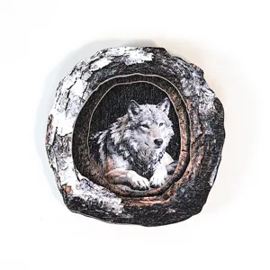 Wooden tree hollow wolf magnetic sticker home decor rustic wildlife wall art fridge magnet