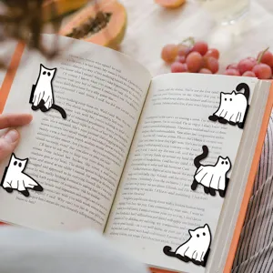 Cute black and white ghost cat magnetic bookmark for reading, creative book page marker clip.
